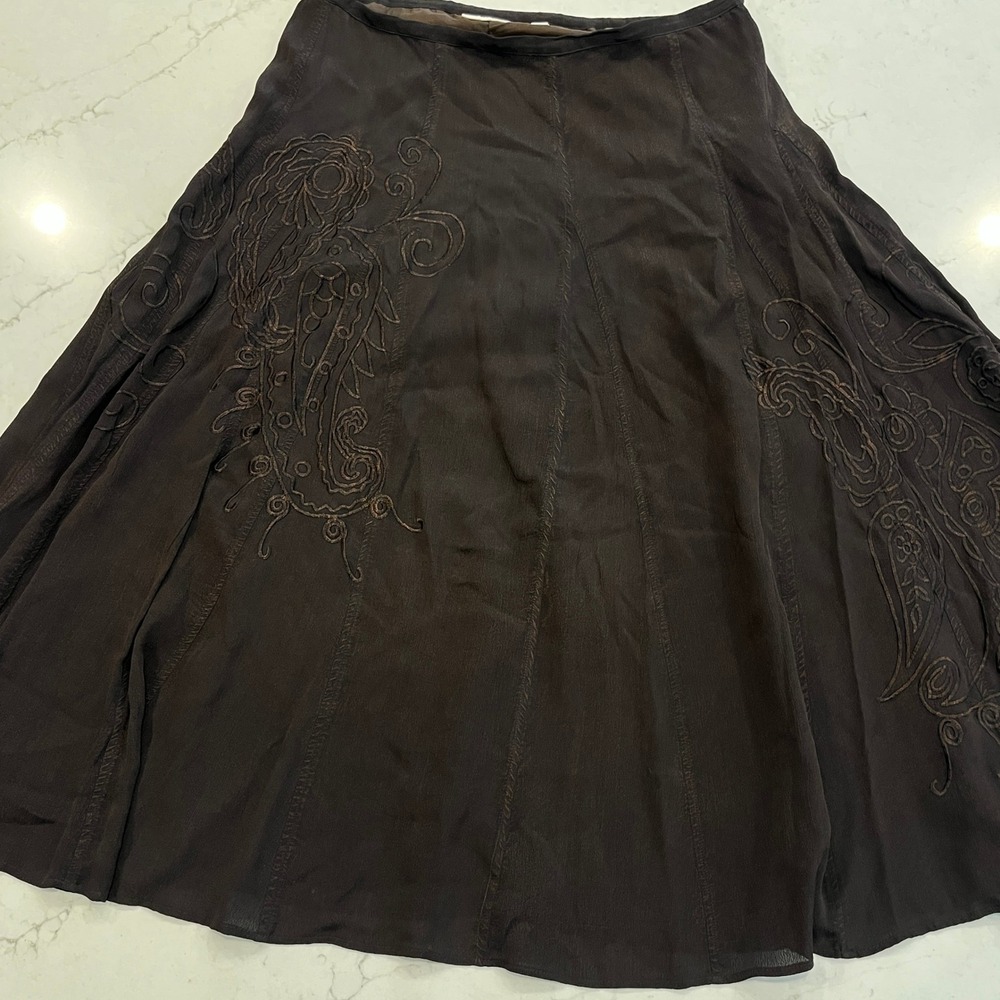 Coldwater Creek Brown Embroidered A-Line Midi Skirt XL Dark‎ Academia Witchygoth